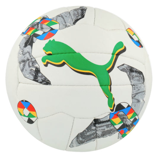Puma netball ball with colorful patterns on a white background
