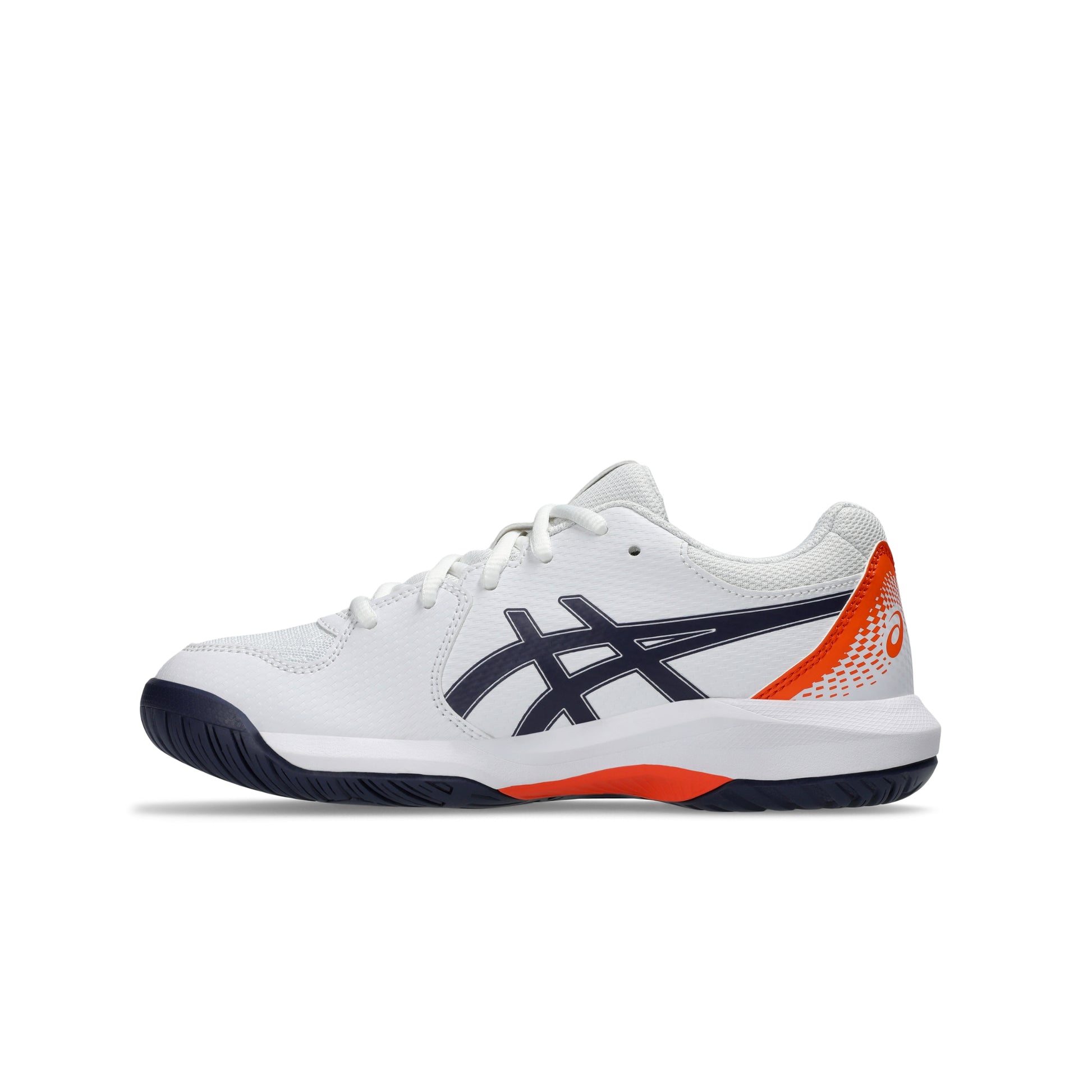 White Asics tennis shoe with blue and orange accents on a white background