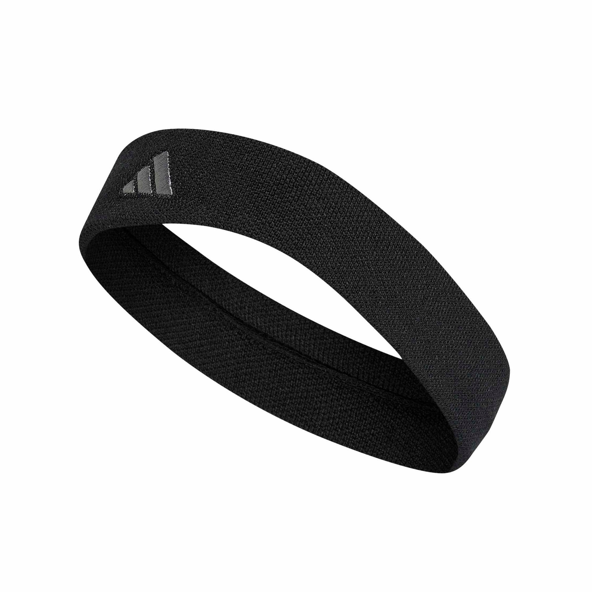 A black textured athletic headband with a dark gray Adidas logo on the side, displayed on a clean white background.
