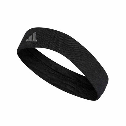 A black textured athletic headband with a dark gray Adidas logo on the side, displayed on a clean white background.