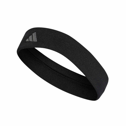 A black textured athletic headband with a dark gray Adidas logo on the side, displayed on a clean white background.