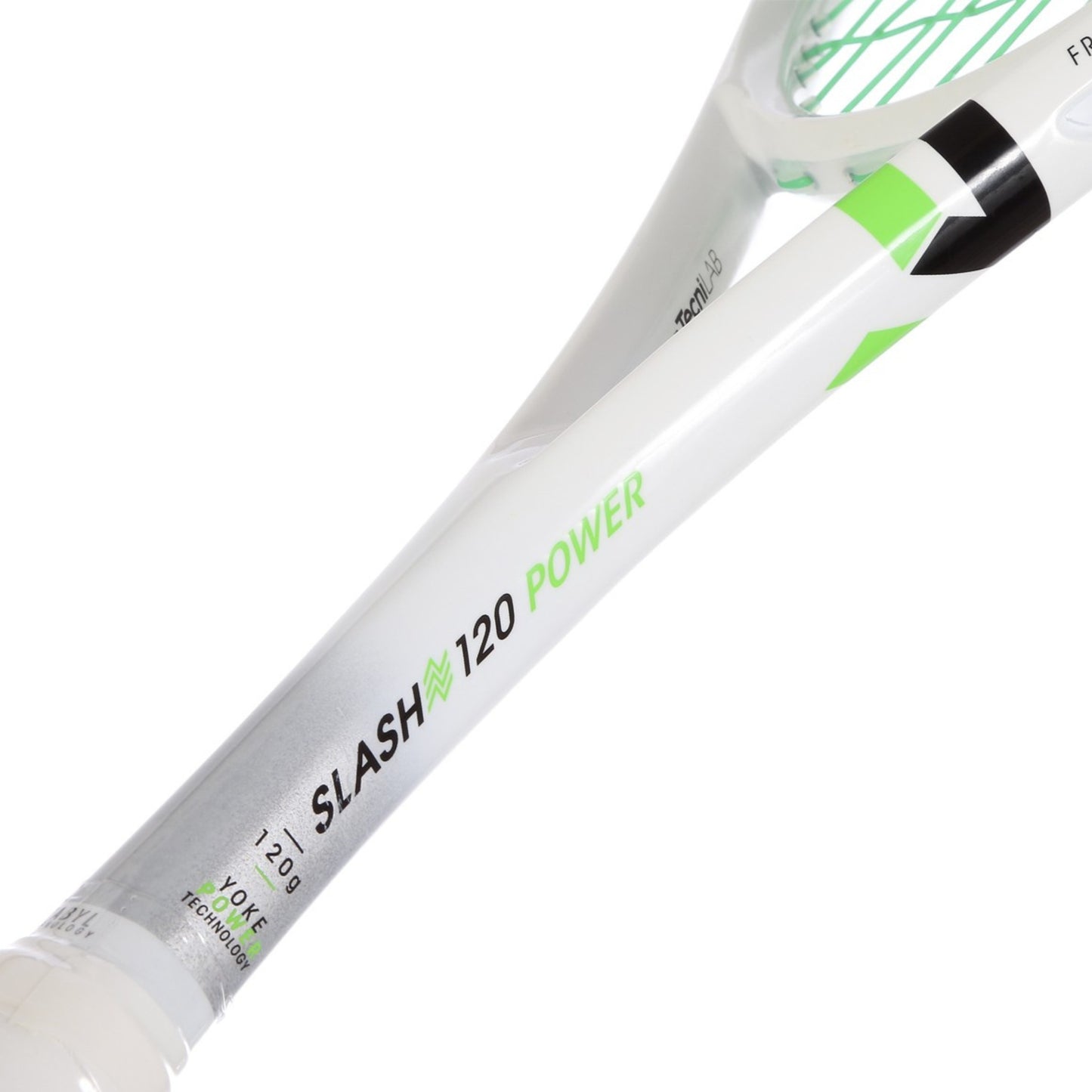 Close-up of a white Tecnifibre squash racket showing the SLASH 120 POWER model with green and black accents on the frame, on a white background.