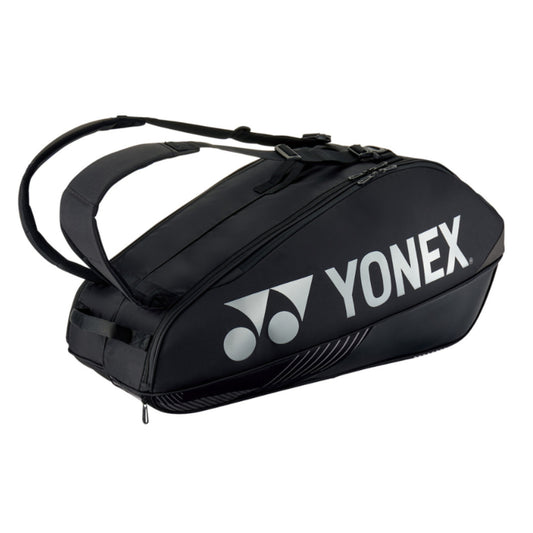 Black Yonex tennis bag on a white background
