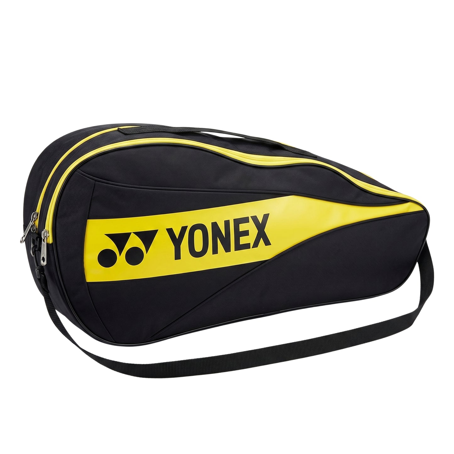 Black and yellow Yonex tennis racket bag on a white background