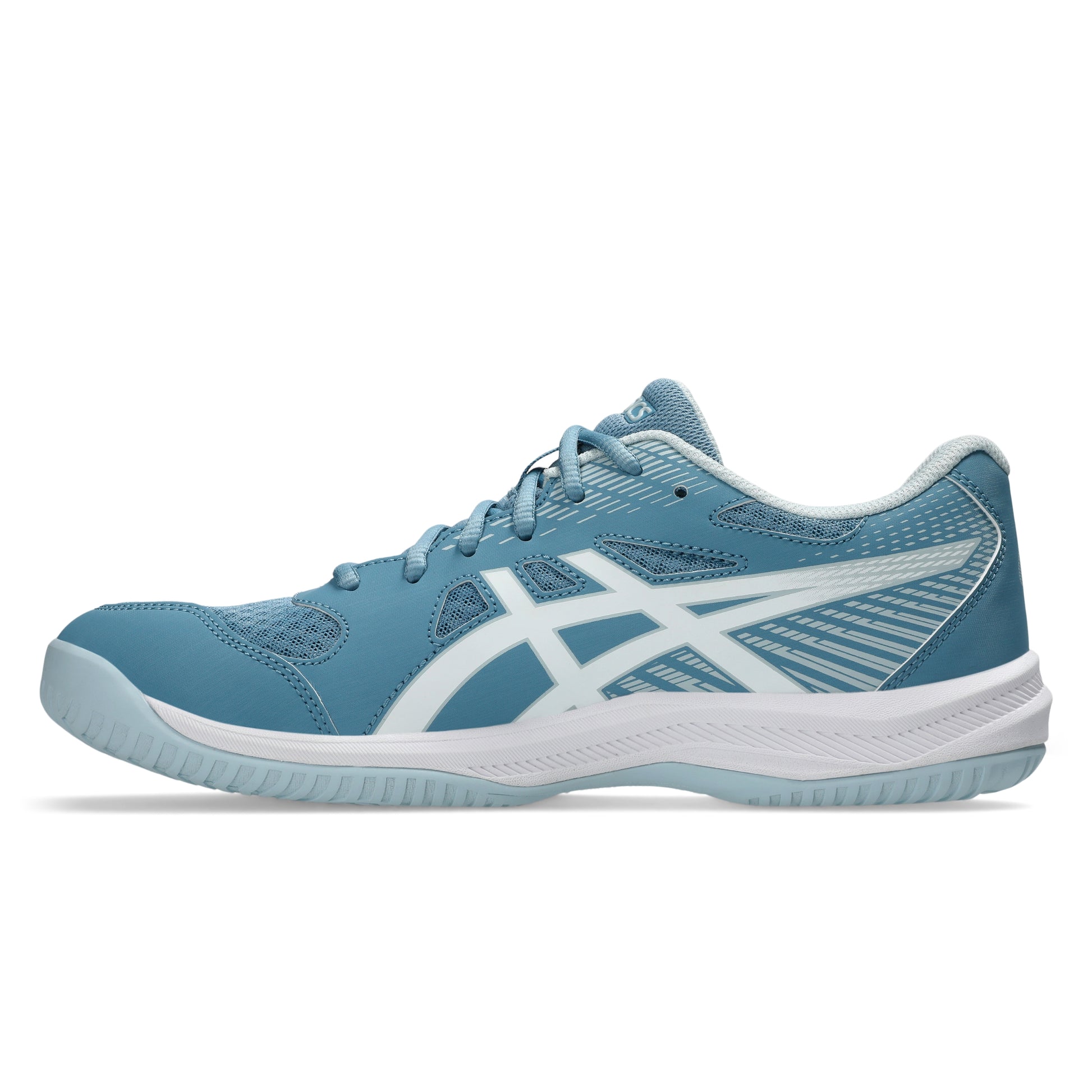 Blue squash shoe with white accents on a white background