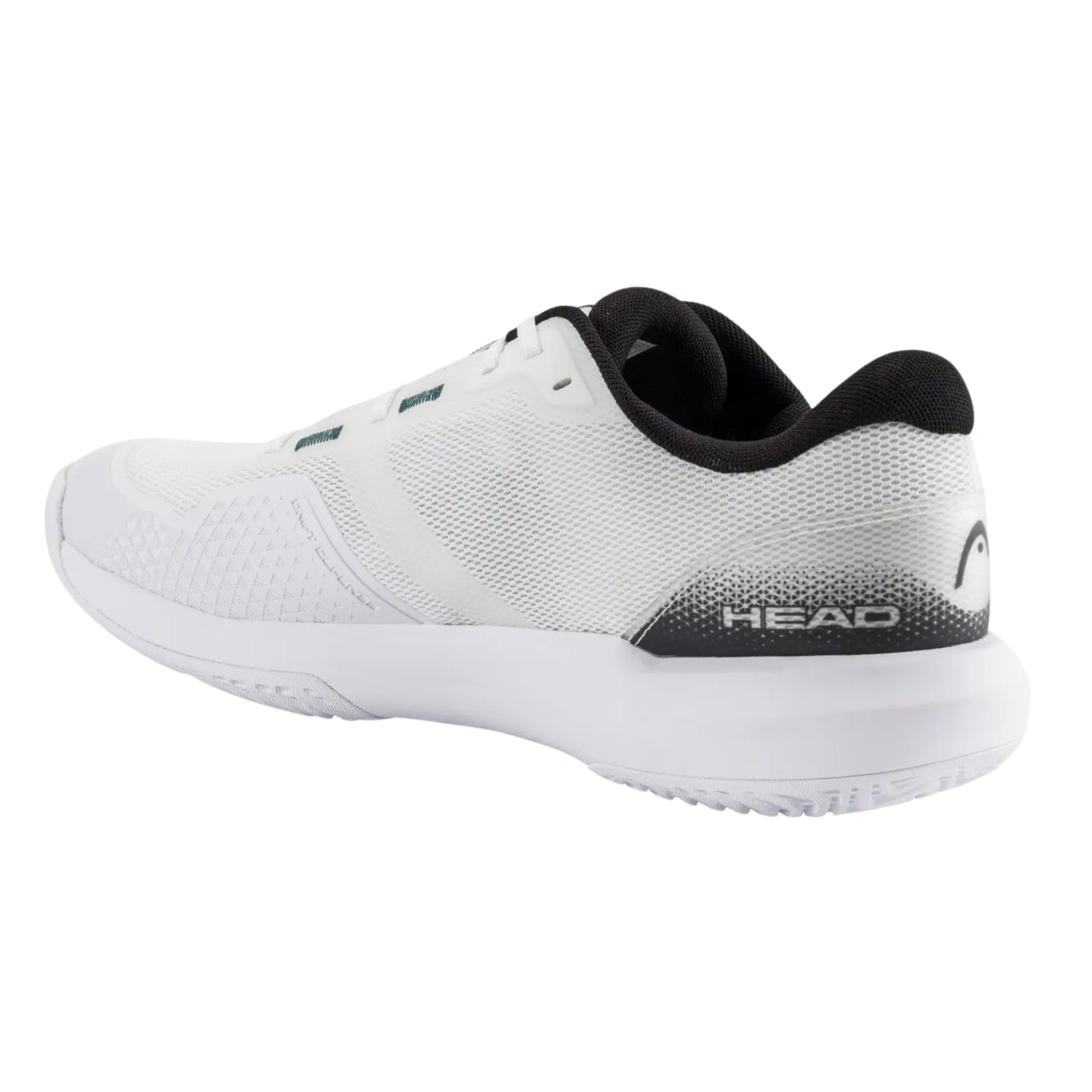 White Head tennis shoe with black and teal accents on a white background