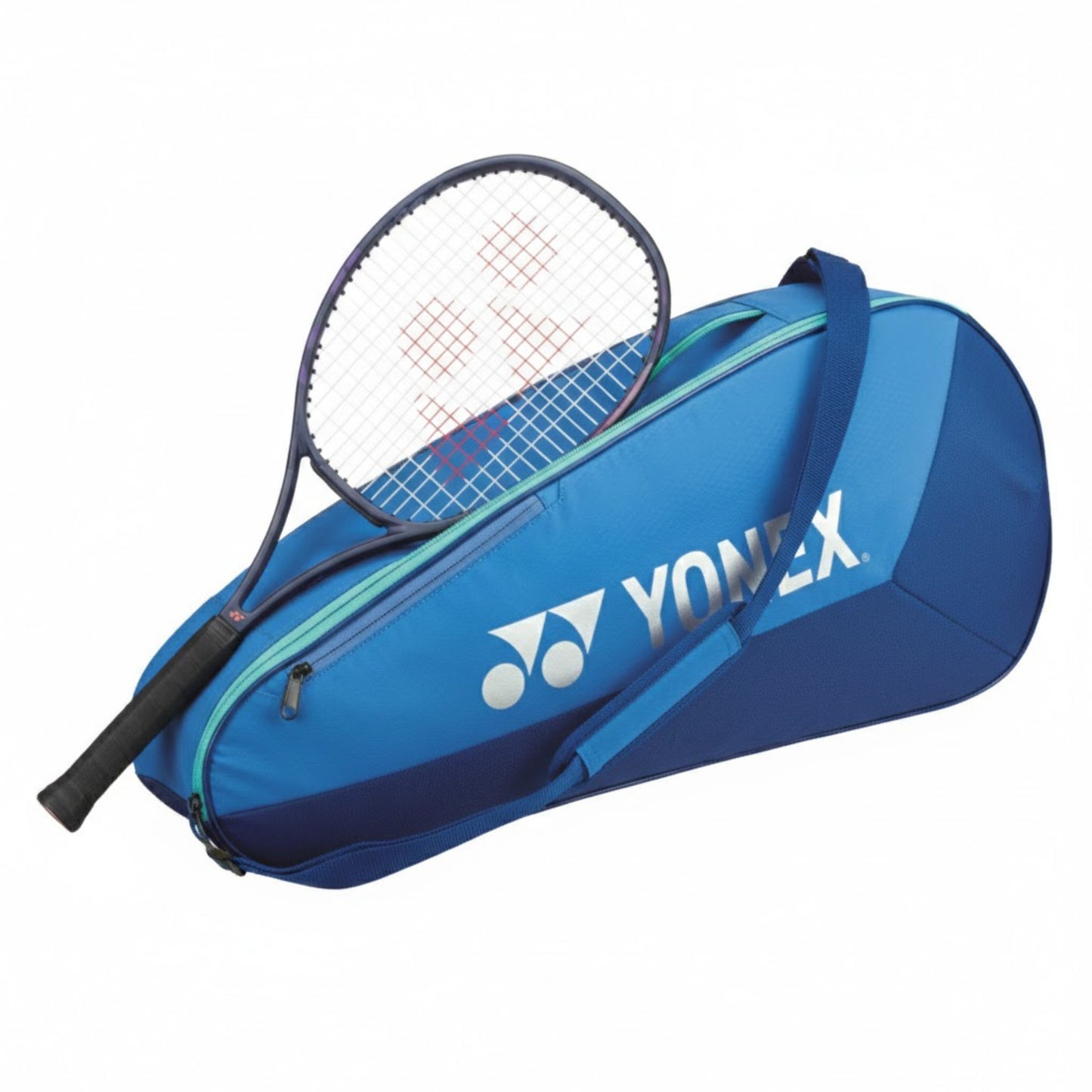 Blue Yonex racket bag with a racket inside on a white background
