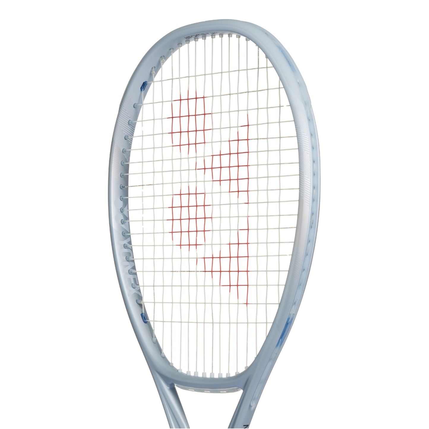 Silver Yonex tennis racket with a white background