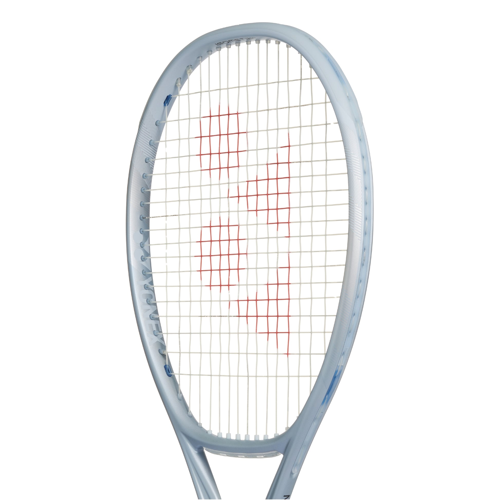 Silver Yonex tennis racket with a white background