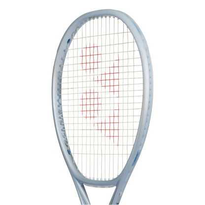 Silver Yonex tennis racket with a white background