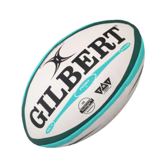 White rugby ball with teal accents and 'Gilbert' branding on a white background