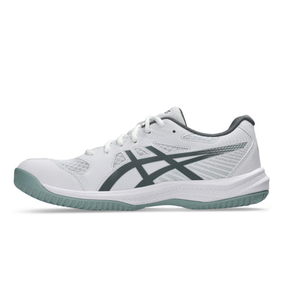 A white Asics squash shoe with dark gray stripes and a light green outsole, shown in a side profile on a white background.