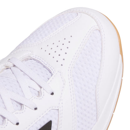 Close-up of a white squash shoe with a light brown sole on a white background