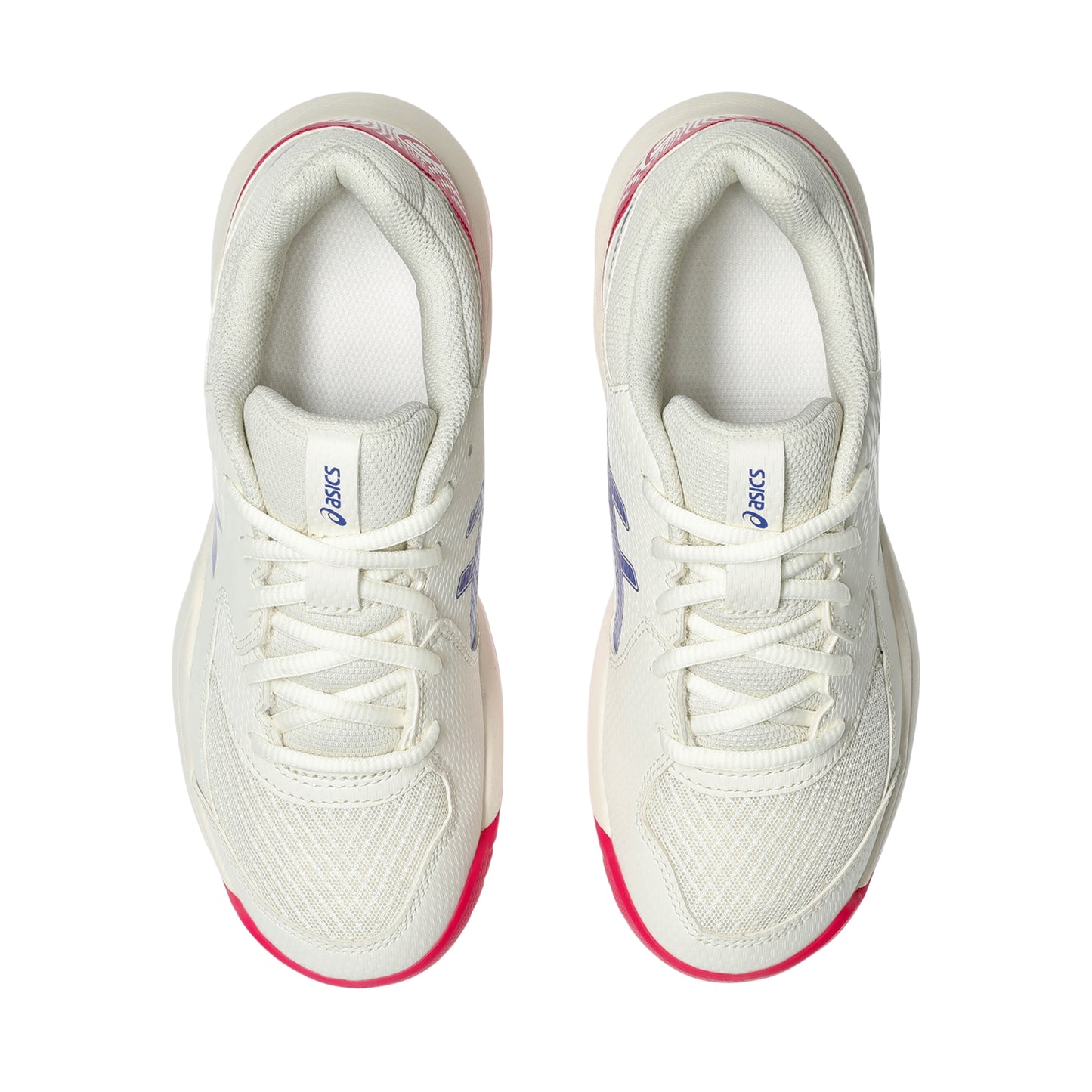 White Asics tennis shoes with pink accents on a white background