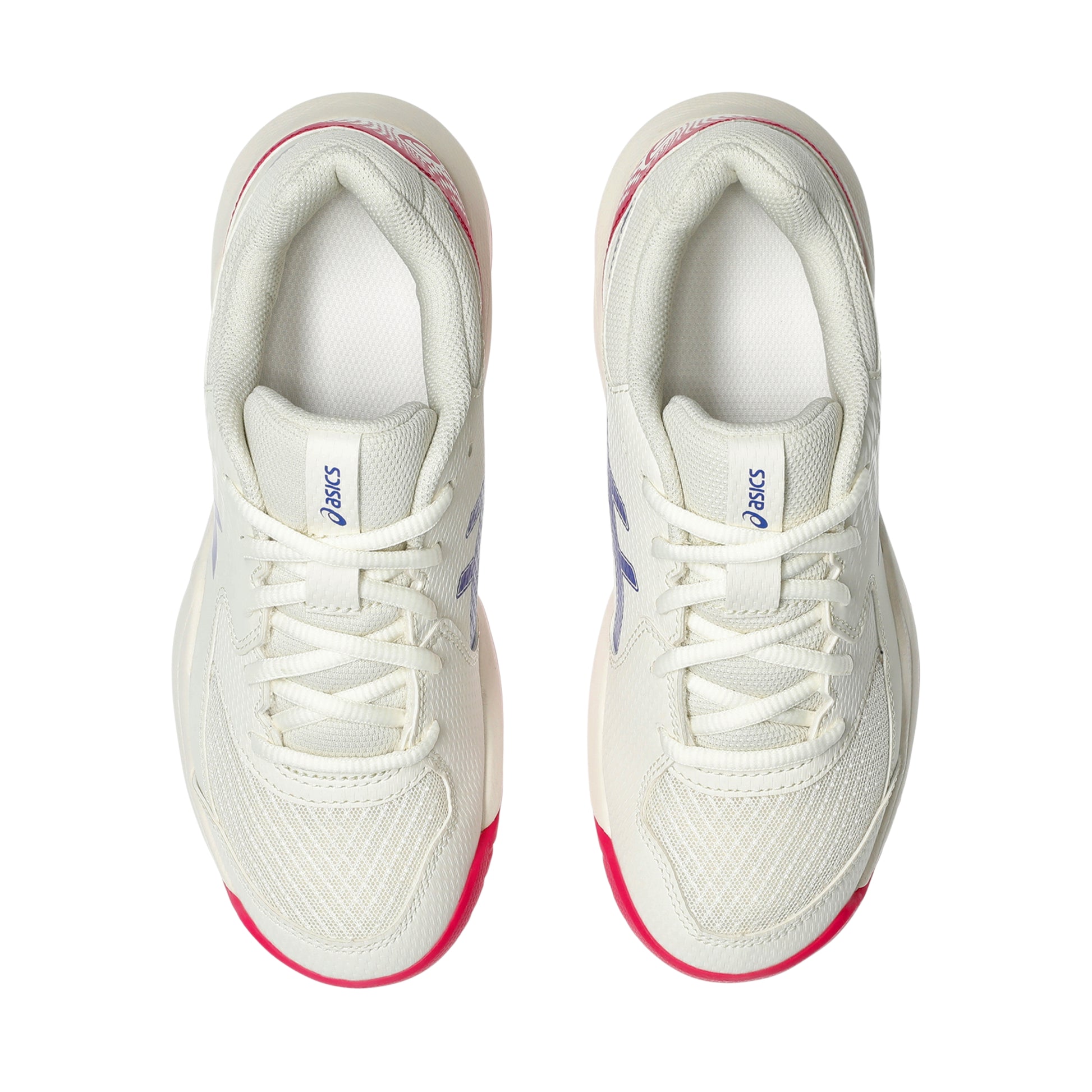 White Asics tennis shoes with pink accents on a white background