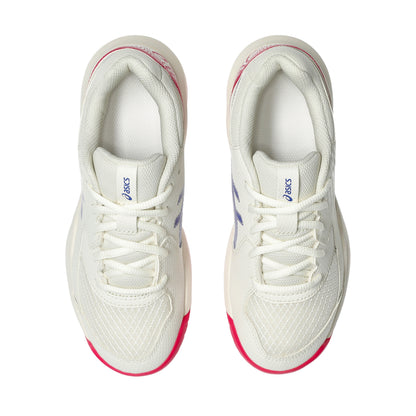 White Asics tennis shoes with pink accents on a white background