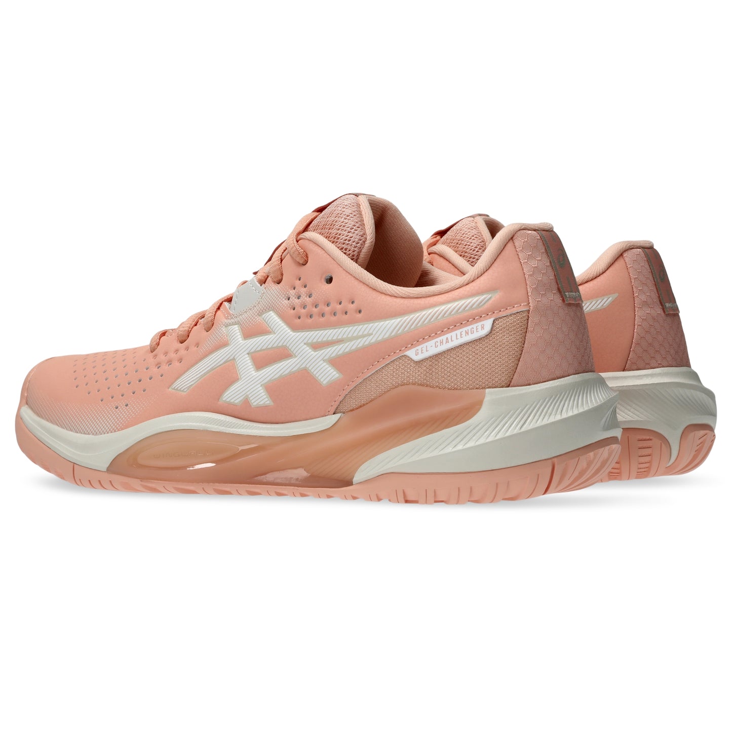 A pair of ASICS tennis shoes in a dusty rose pink colorway with a white logo and white midsole accents, shown from a side profile view on a white background.