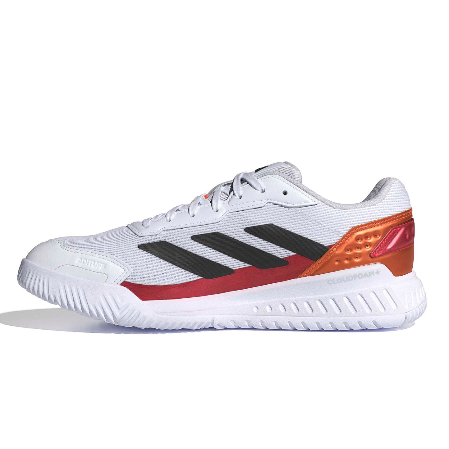 White Adidas padel shoe with black stripes and orange accents on a white background
