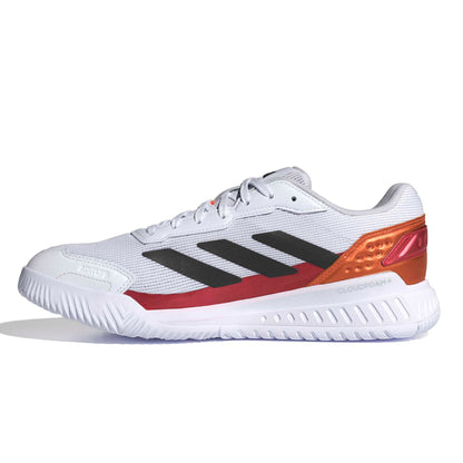 White Adidas padel shoe with black stripes and orange accents on a white background