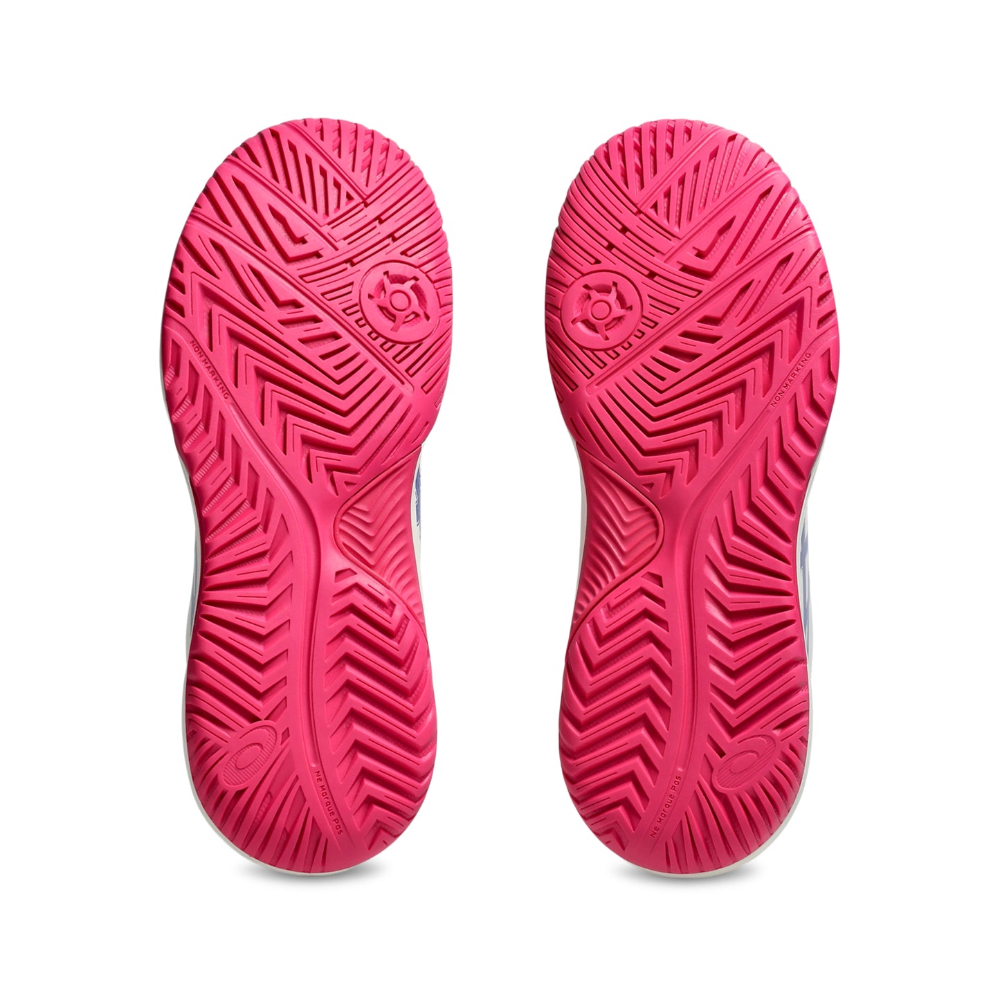 Close-up of pink Asics tennis shoe soles on a white background
