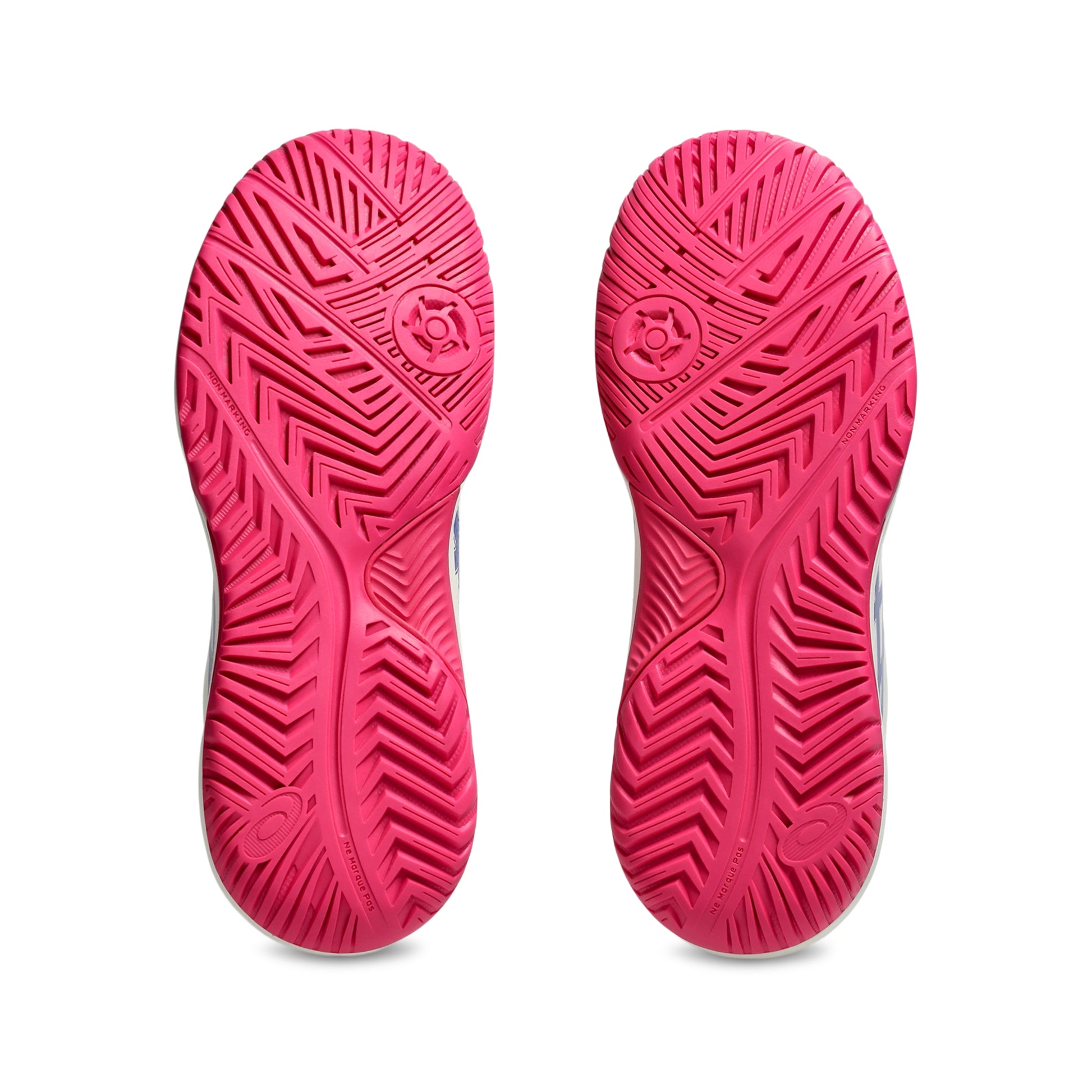 Close-up of pink Asics tennis shoe soles on a white background