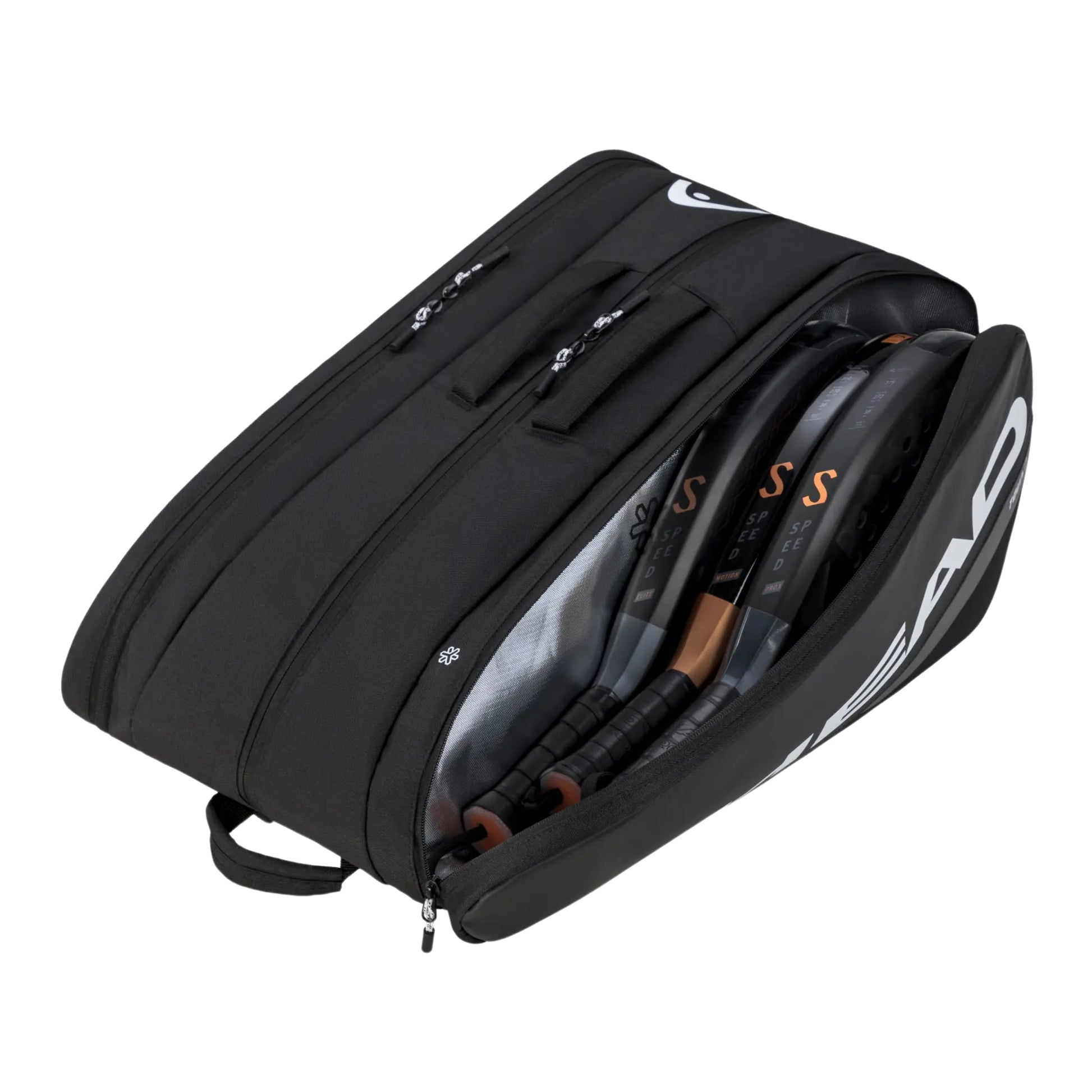 Black tennis bag with visible brand logo on a white background