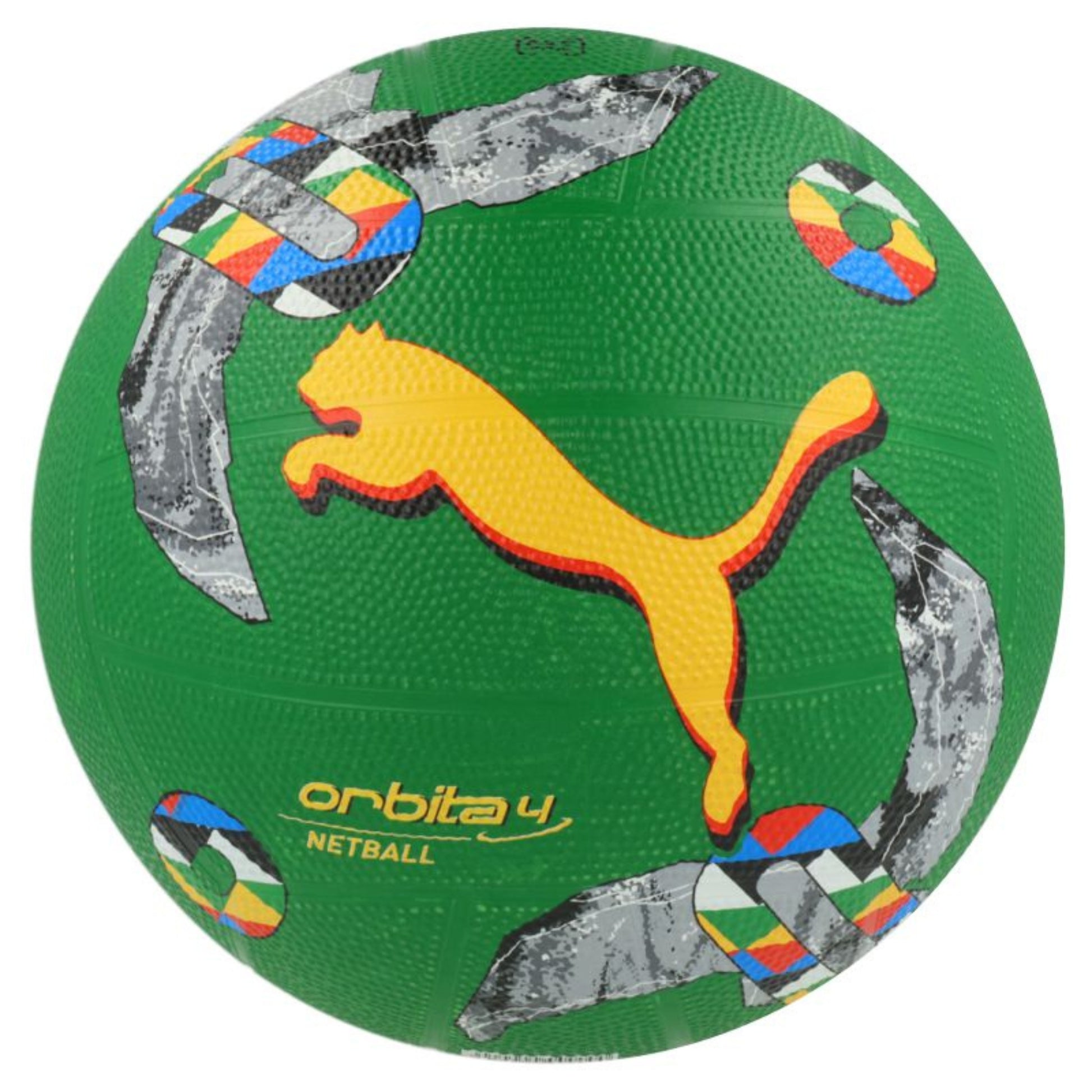 Green netball with colorful patterns and Puma logo on a white background