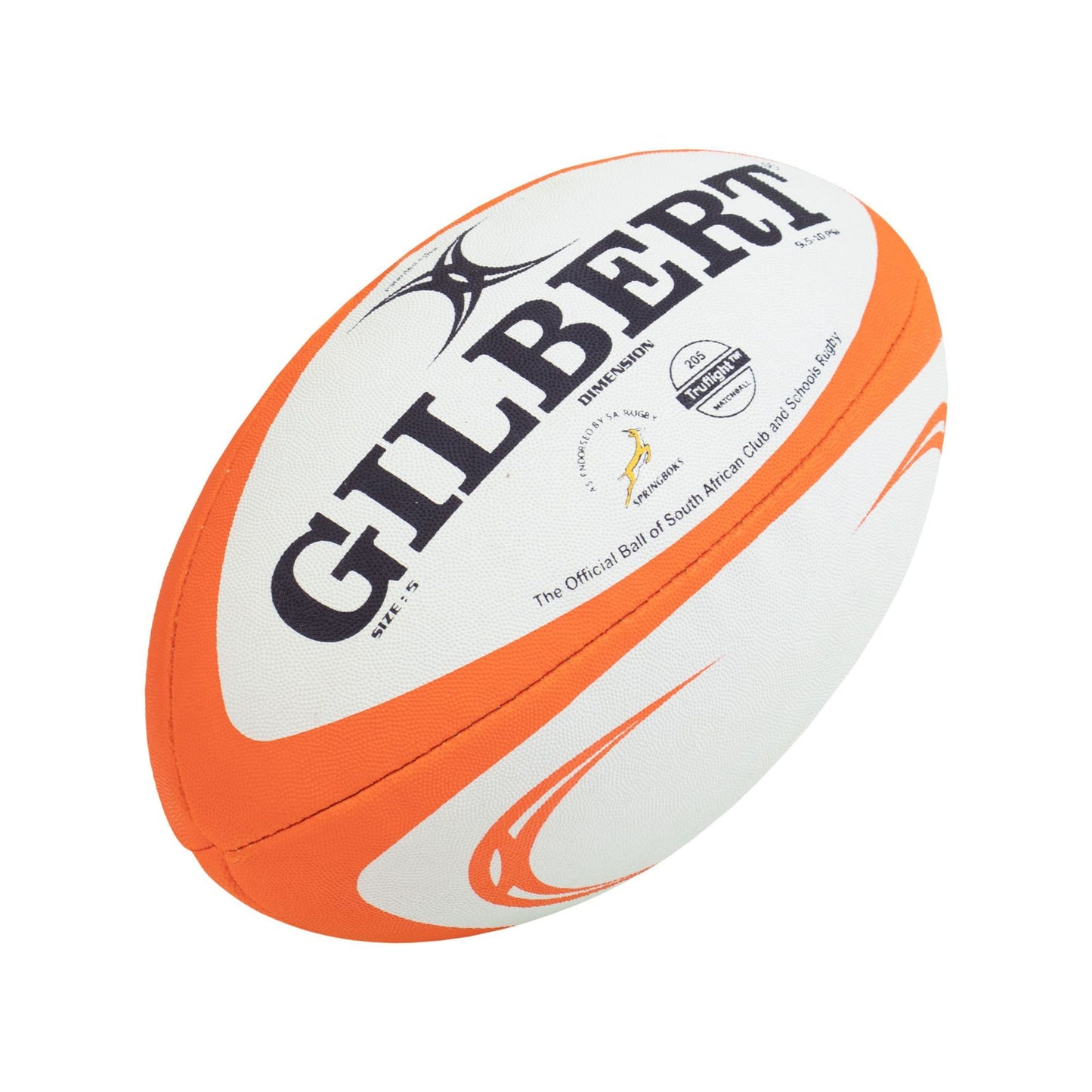 Orange and white rugby ball with 'Gilbert' branding on a white background