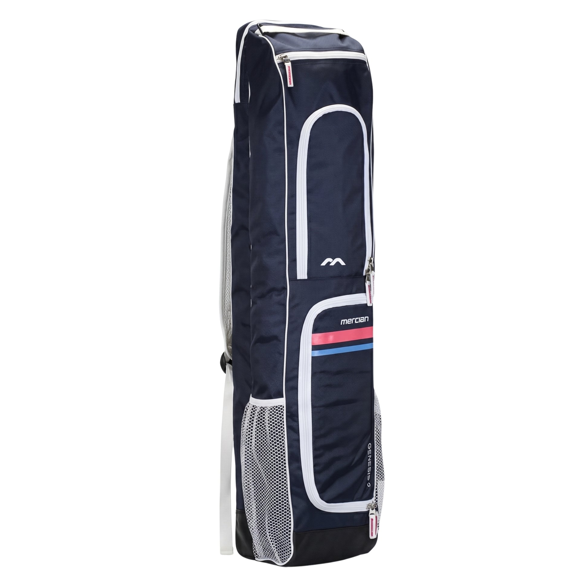 Navy Mercian blue stick bag with white accents on a white background