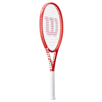 Red tennis racket with white handle on a white background