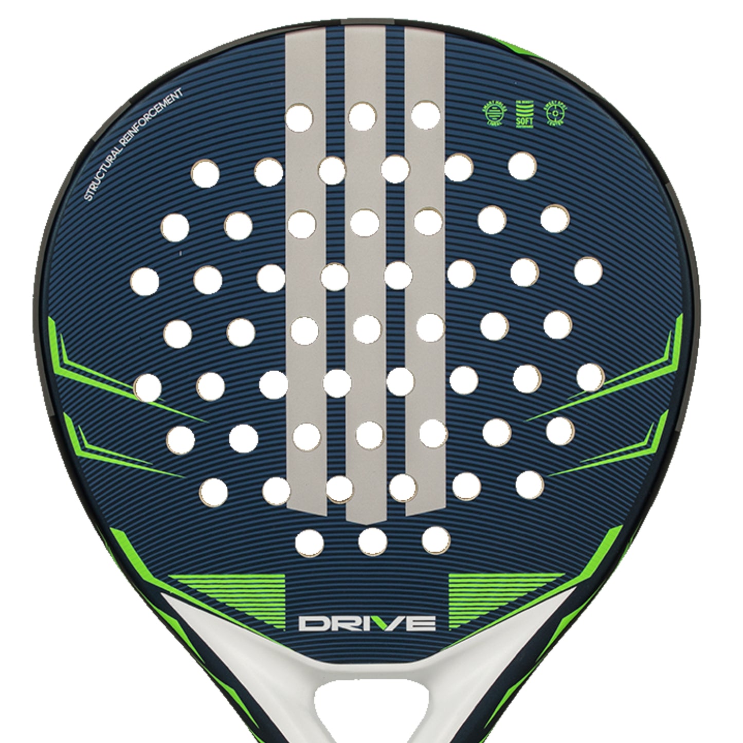 Padel racket with blue and green design on a white background