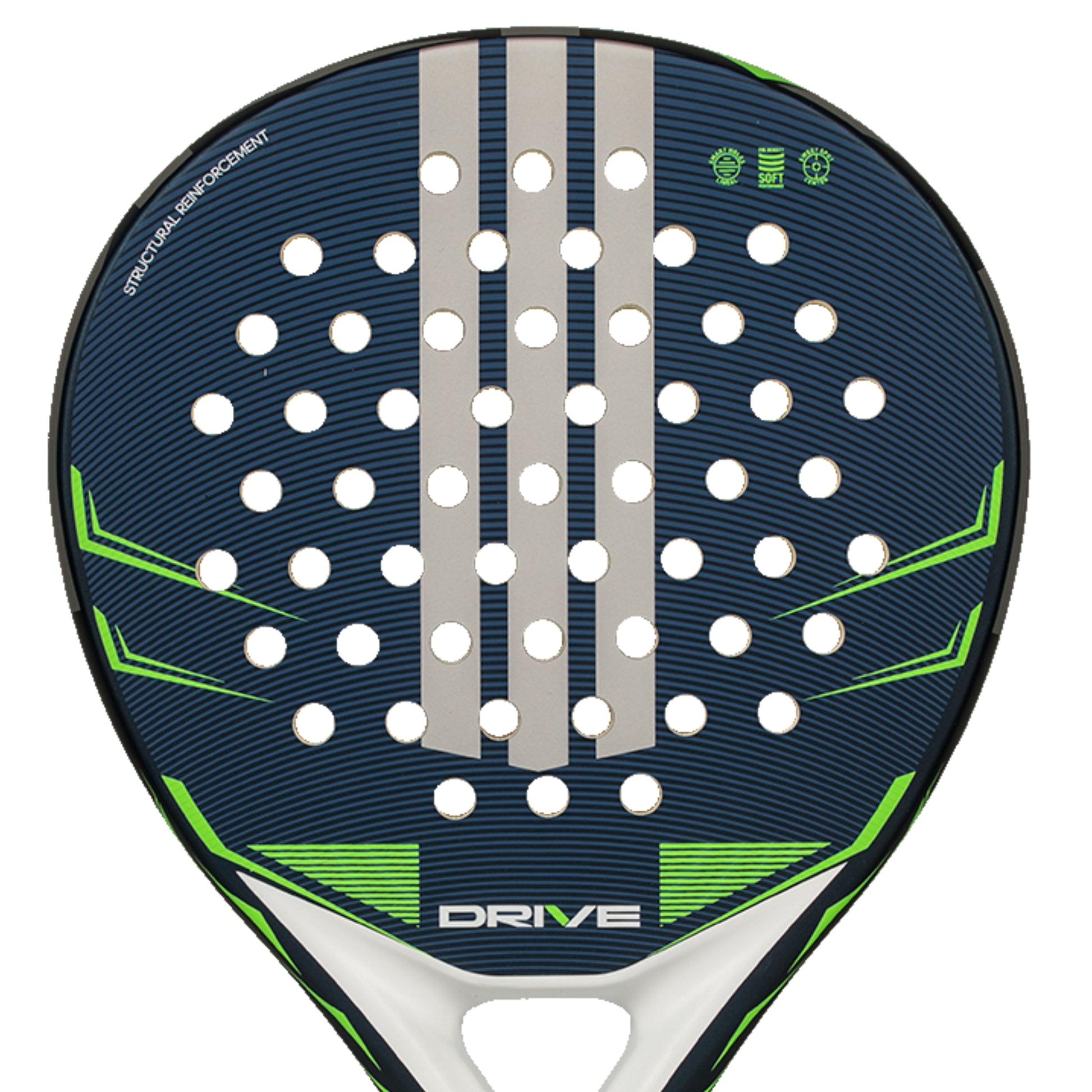 Padel racket with blue and green design on a white background