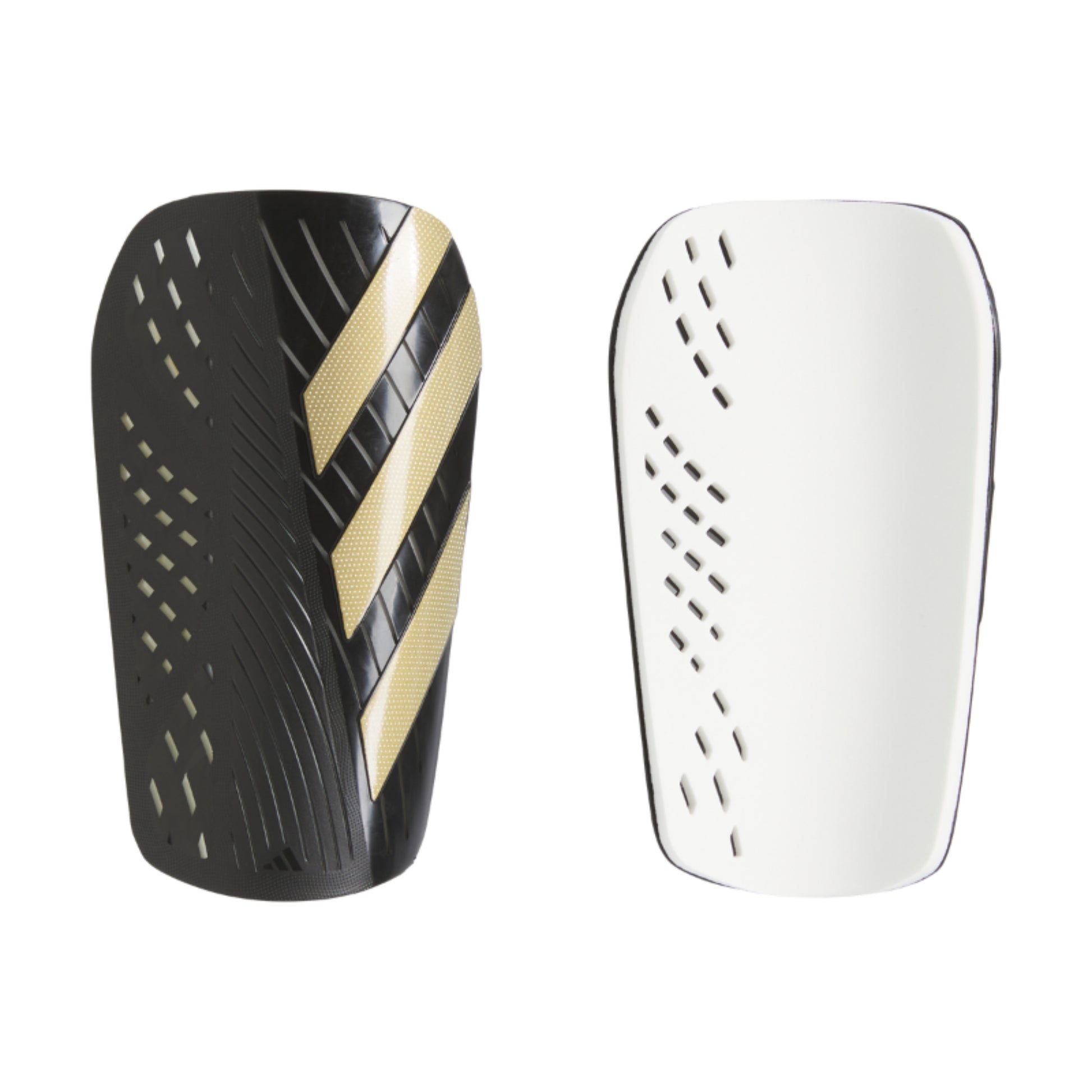 Black and gold shin guard with white shin guard on a white background
