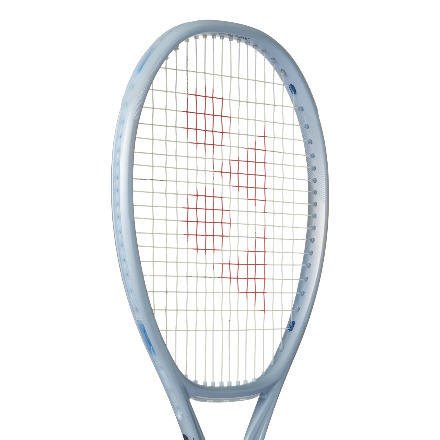 Silver Yonex tennis racket with a white background