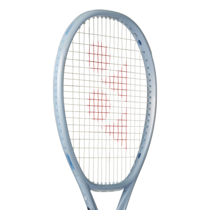 Silver Yonex tennis racket with a white background
