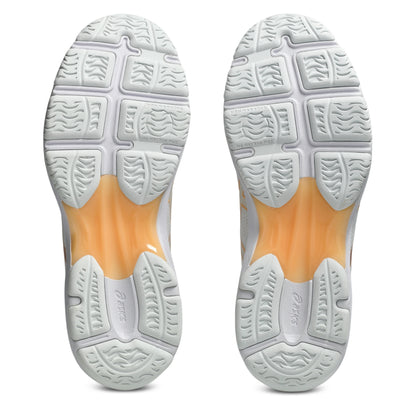 A pair of netball shoes shown from the sole view, featuring a white textured outsole with a translucent orange midsole section.
