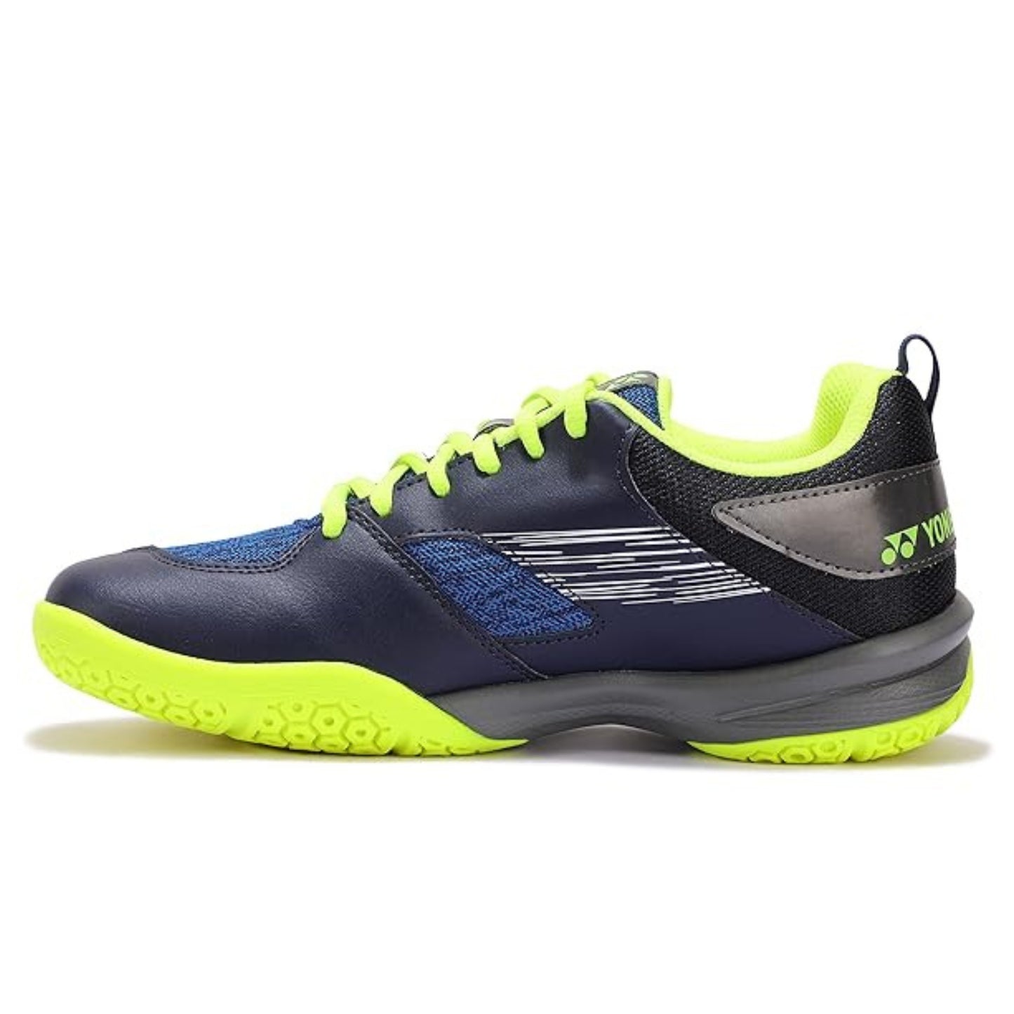 Blue and black athletic shoe with neon green accents on a white background