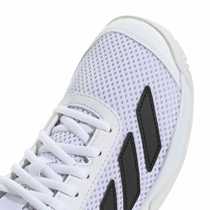 White Adidas tennis shoe with black accents on a white background