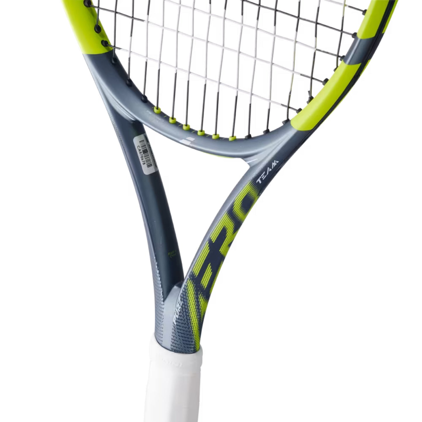 Gray and yellow tennis racket with a close-up of the strings on a white background