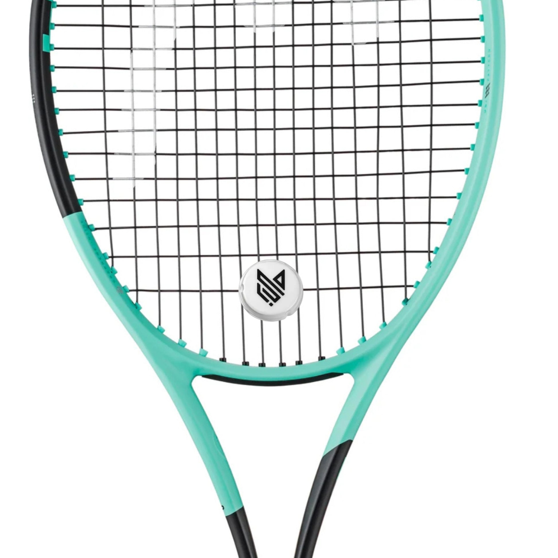 Tennis racket with teal frame and black strings on a white background