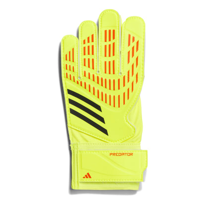 Yellow soccer glove with red patterns and black Adidas logo on a white background