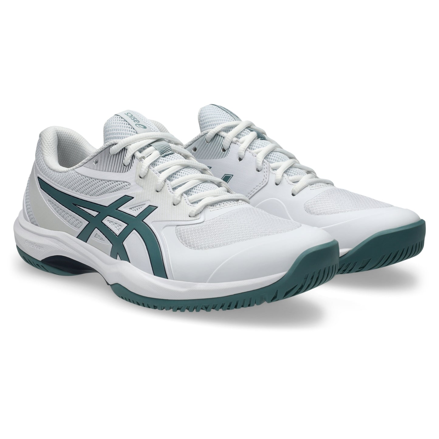 A pair of Asics tennis shoes in white and dark teal, shown from a three-quarters angle on a clean white background.