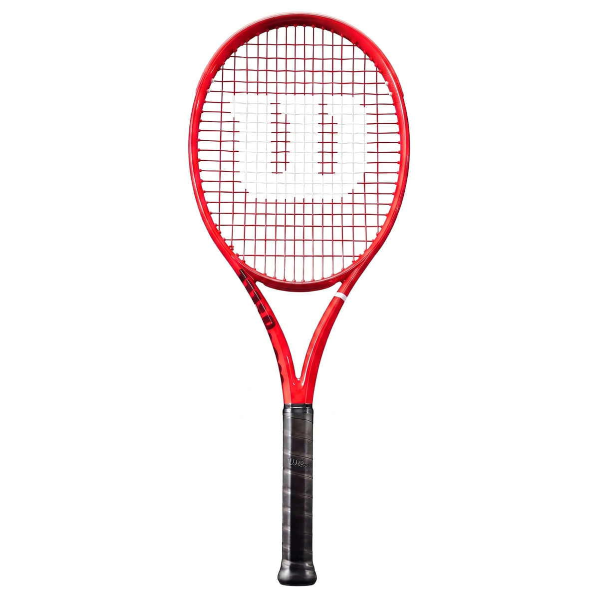 A red Wilson tennis racket with a black grip and white string pattern logo, centered on a plain white background.