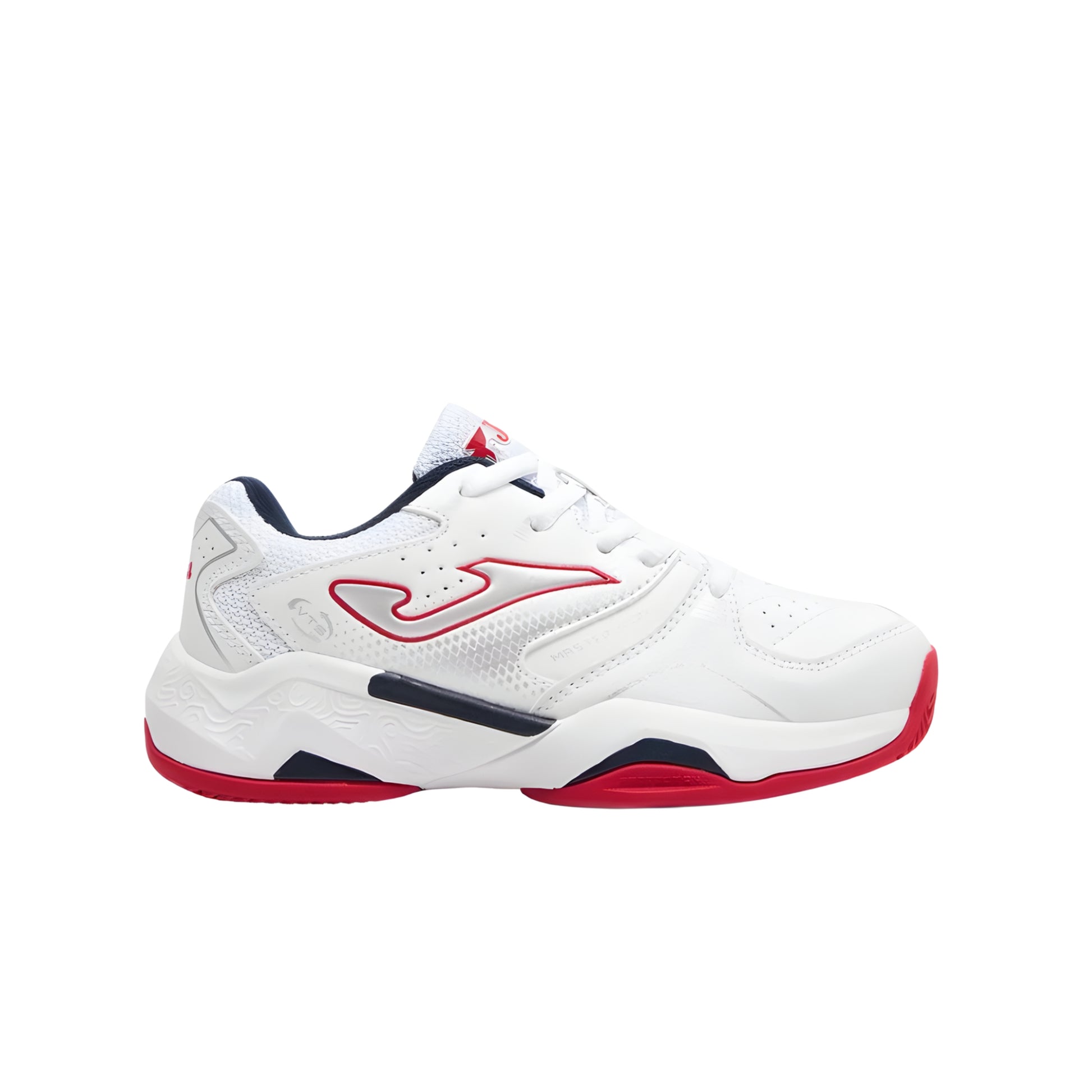 White tennis shoe with red and blue accents on a white background