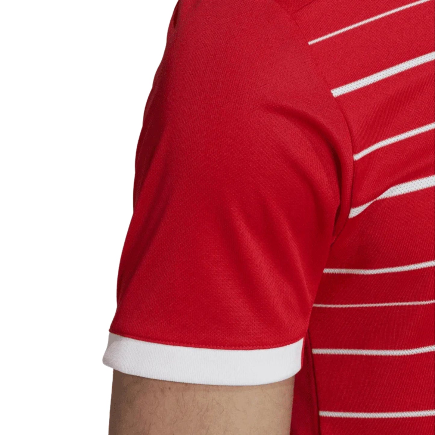 Red sports jersey with white stripes on a white background