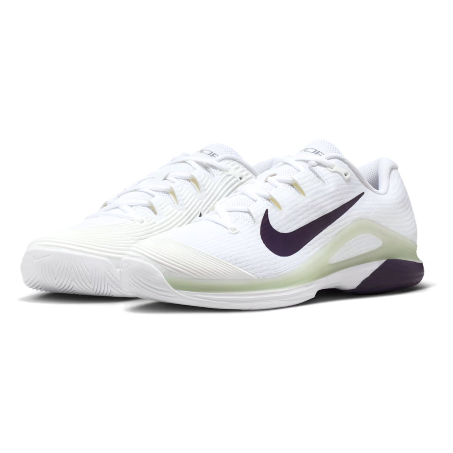 White tennis shoe with navy swoosh logo on a white background