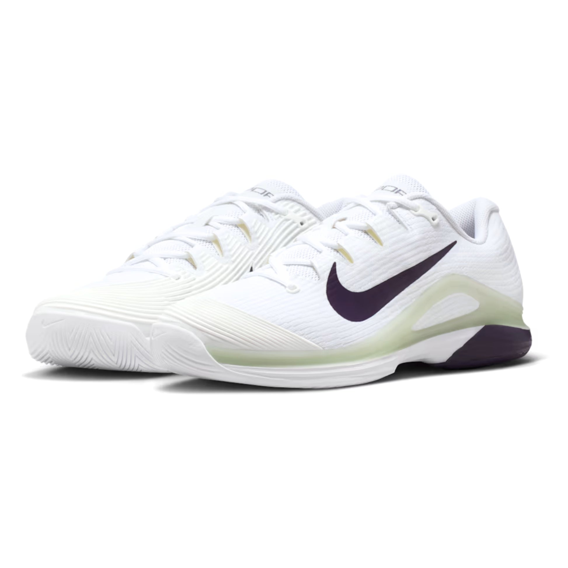 White tennis shoe with navy swoosh logo on a white background