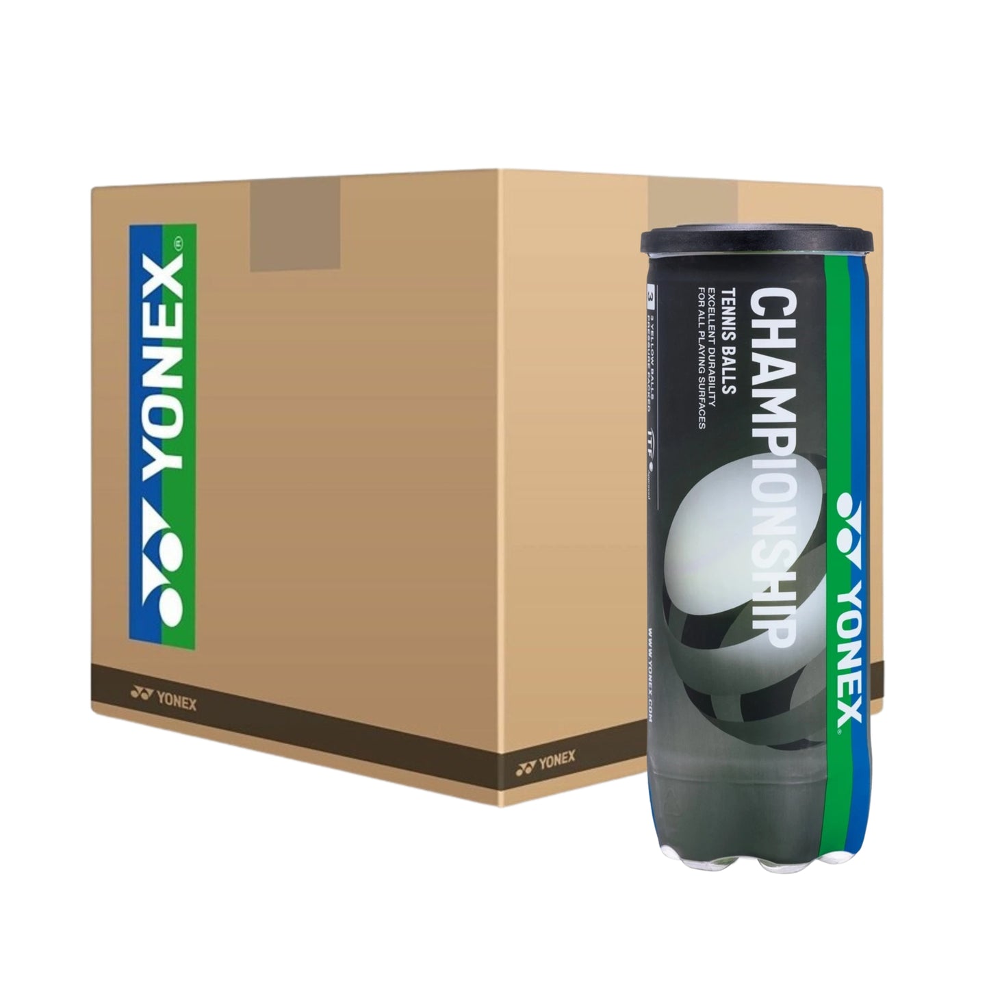 Yonex tennis balls canister with cardboard box on a white background