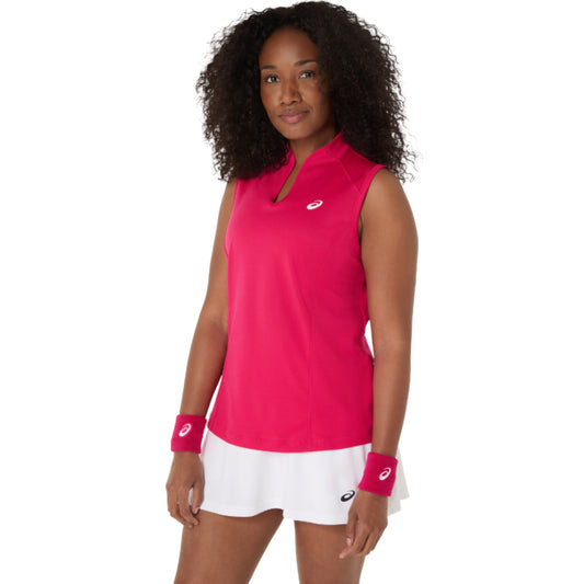 Woman wearing a pink sleeveless top with a white logo on a white background