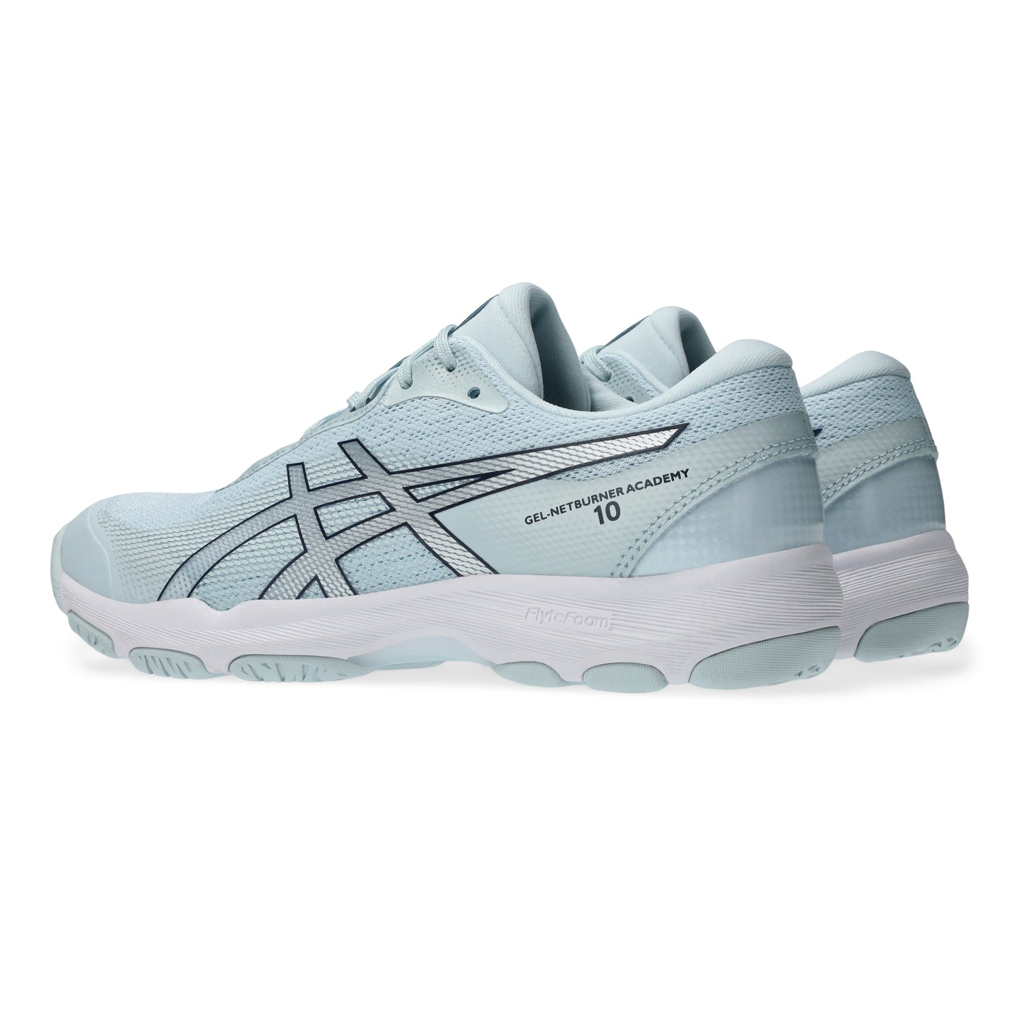 Light blue netball shoes with brand logo on a white background